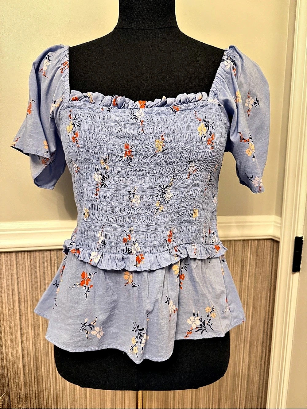 Madewell Blue Floral Smocked Peplum Top Size Small